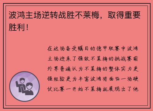 波鸿主场逆转战胜不莱梅，取得重要胜利！